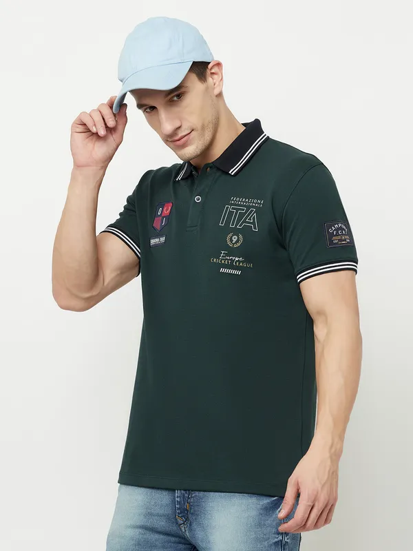 Octave Men Green  gunmetal Typography Polo Collar T-shirt