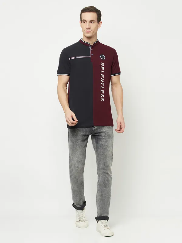 Octave Men Maroon Striped Mandarin Collar Applique T-shirt