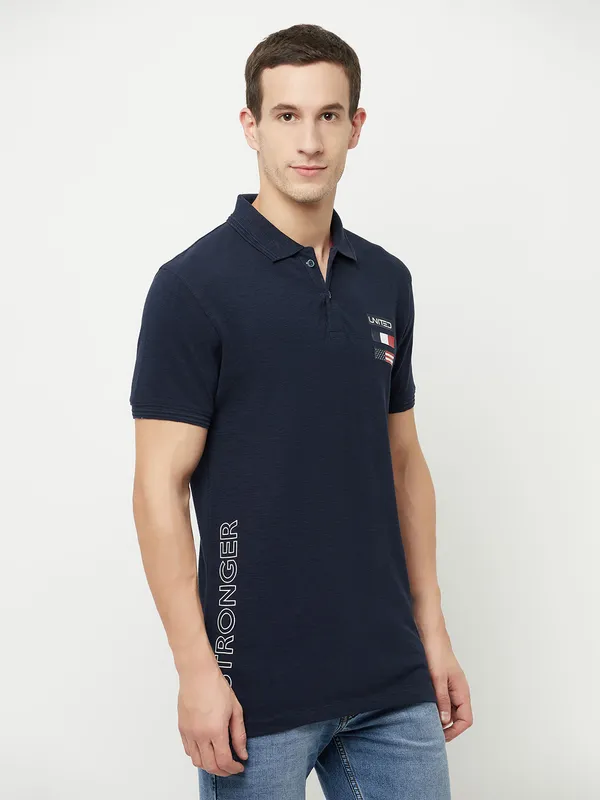 Octave Men Navy Blue Polo Collar Applique T-shirt