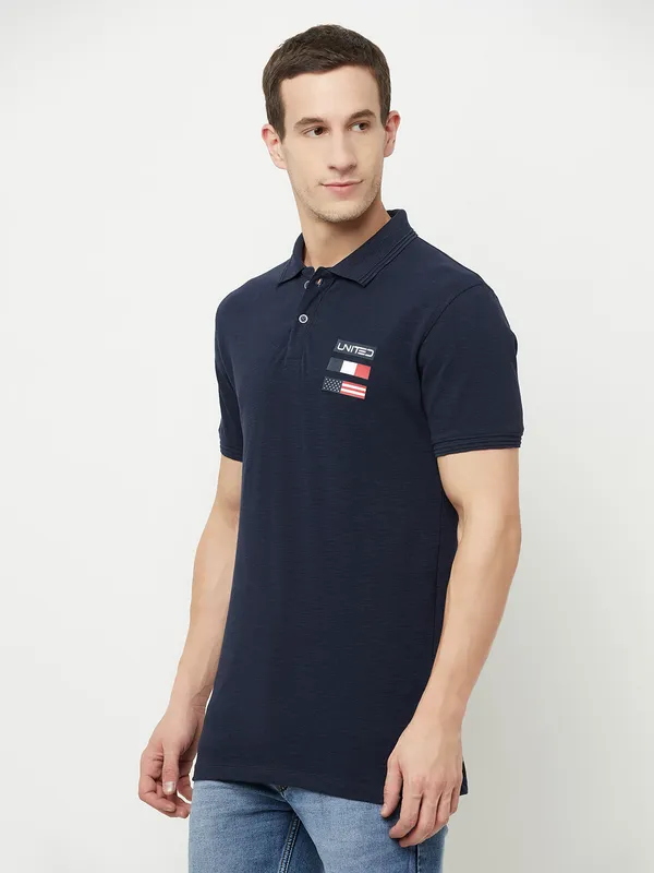 Octave Men Navy Blue Polo Collar Applique T-shirt