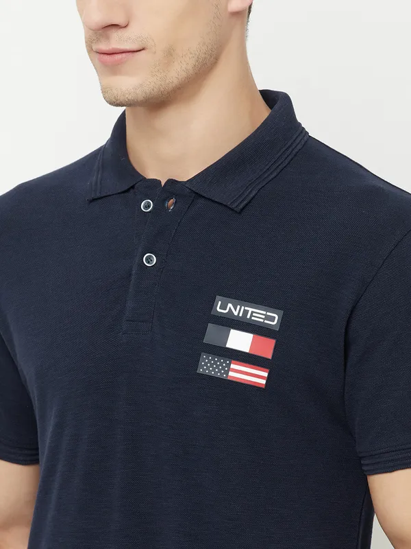 Octave Men Navy Blue Polo Collar Applique T-shirt