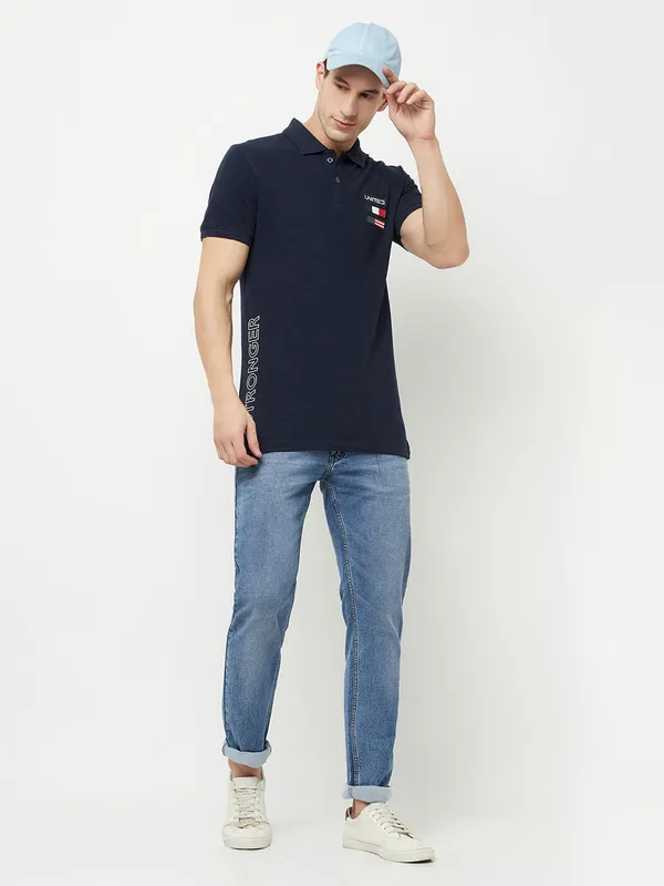 Octave Men Navy Blue Polo Collar Applique T-shirt