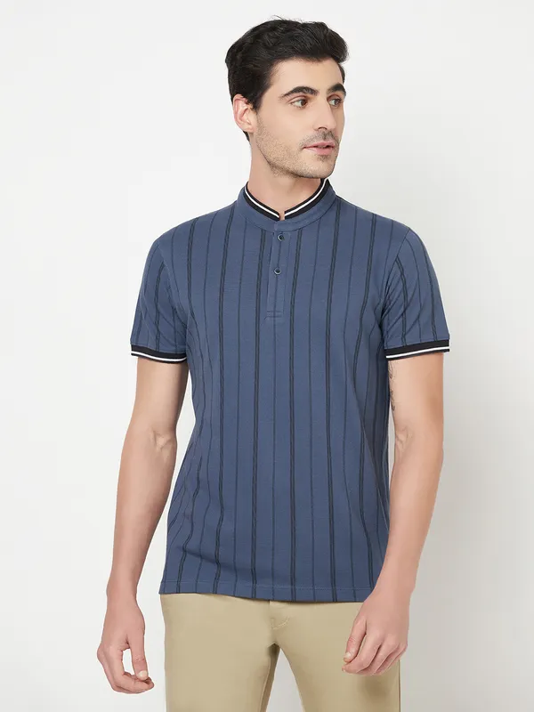 Octave Men Blue Striped Mandarin Collar Cotton T-shirt