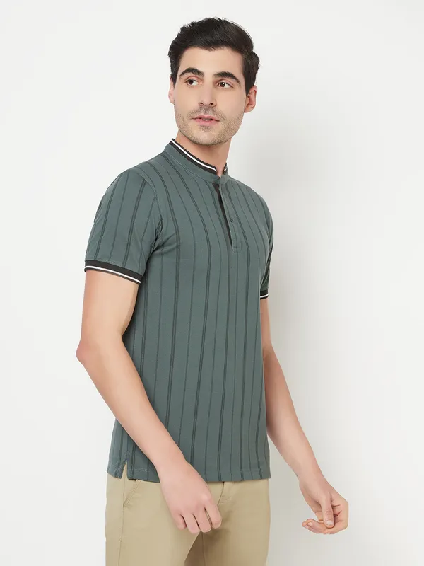 Octave Men Olive Green  Black Striped Mandarin Collar Cotton T-shirt