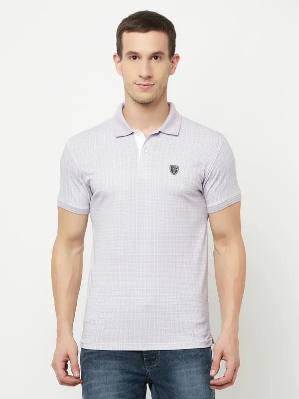 Octave Men Purple Checked Polo Collar Applique T-shirt