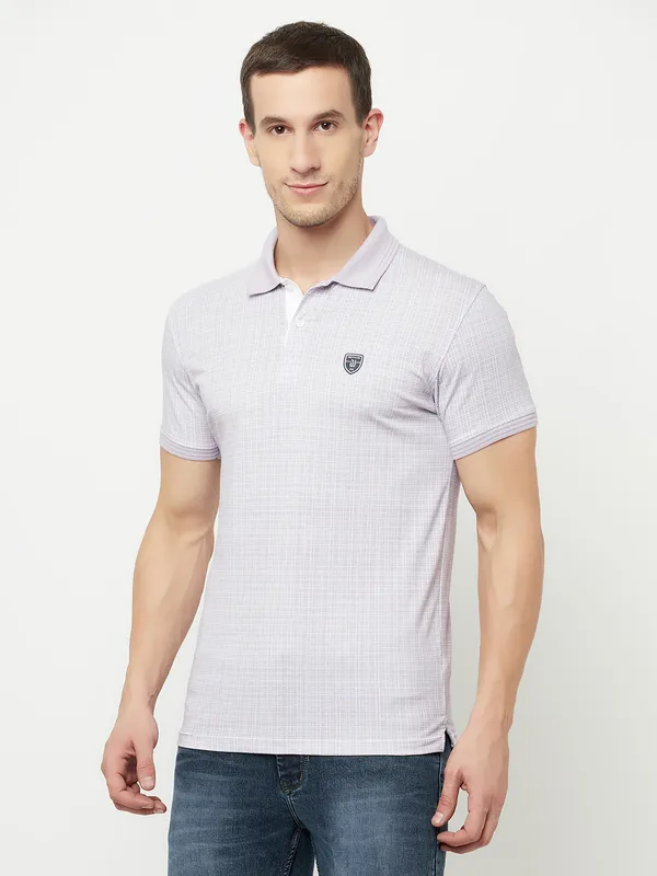 Octave Men Purple Checked Polo Collar Applique T-shirt