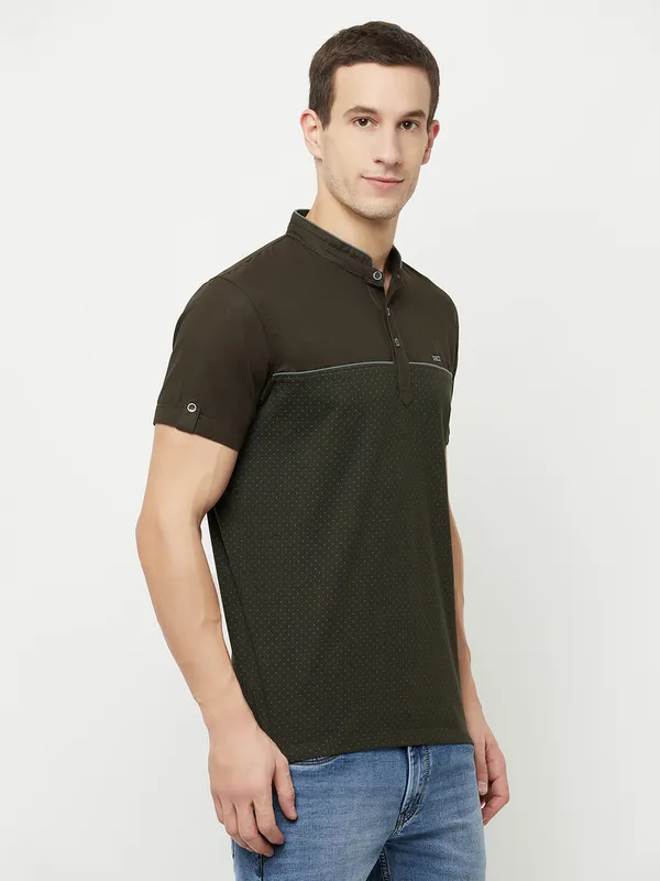 Octave Men Olive Green Mandarin Collar T-shirt