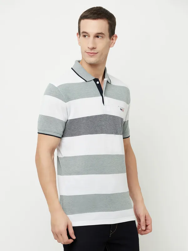 Octave Men Olive Green Striped Polo Collar T-shirt