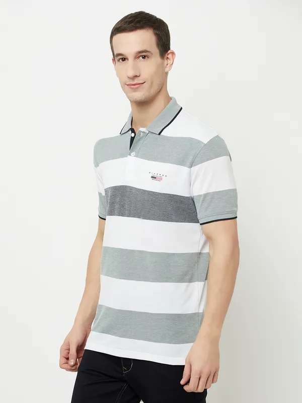Octave Men Olive Green Striped Polo Collar T-shirt