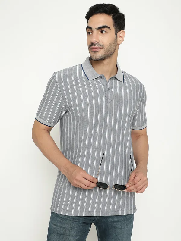 Octave Striped Polo Collar Cotton T-shirt