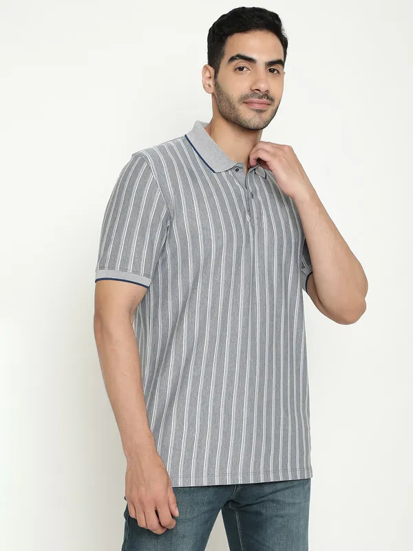 Octave Striped Polo Collar Cotton T-shirt