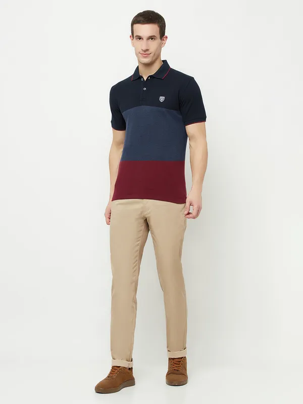 Octave Men Navy Blue  french middle red purple Striped Polo Collar Applique T-shirt
