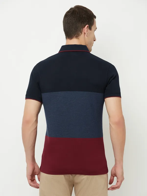 Octave Men Navy Blue  french middle red purple Striped Polo Collar Applique T-shirt