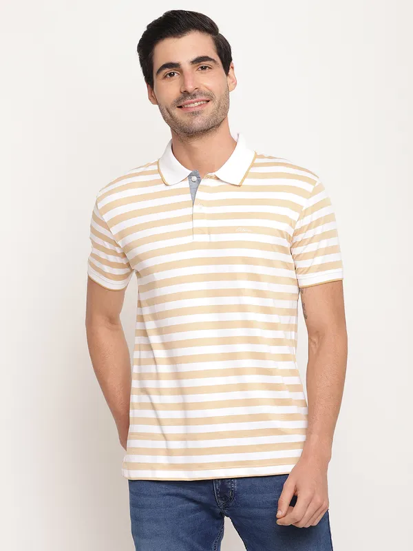 Octave Men Yellow  White Striped Polo Collar Pure Cotton T-shirt