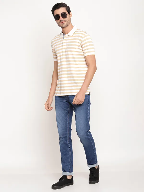 Octave Men Yellow  White Striped Polo Collar Pure Cotton T-shirt