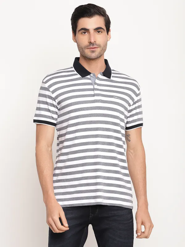 Octave Men Navy Blue  White Striped Polo Collar T-shirt