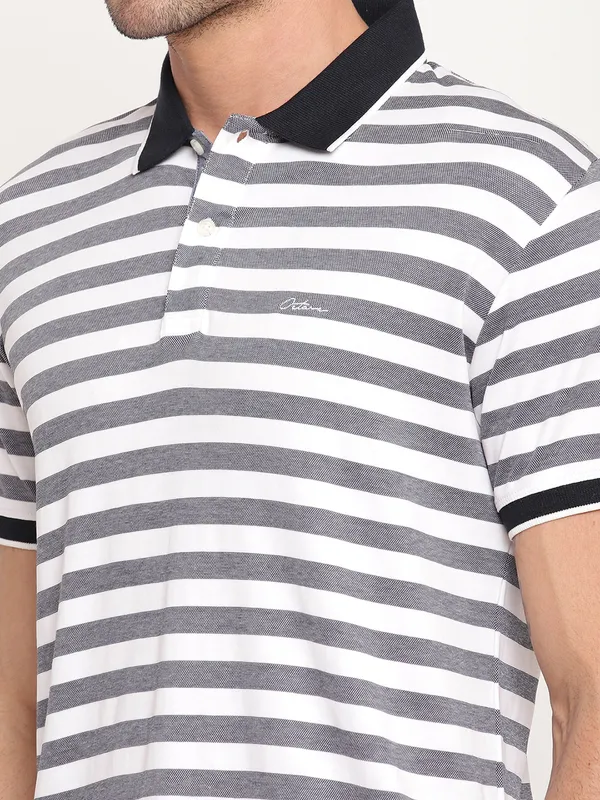 Octave Men Navy Blue  White Striped Polo Collar T-shirt