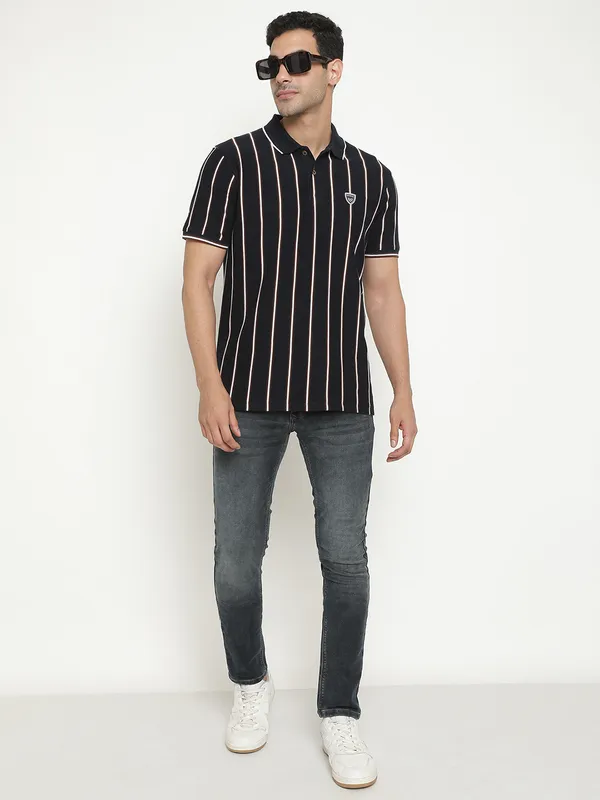 Octave Striped Polo Collar Cotton T-Shirt