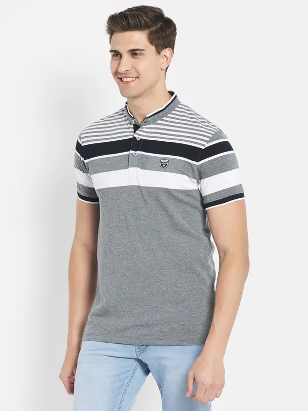 Octave Men Grey Striped Polo Collar Applique T-shirt