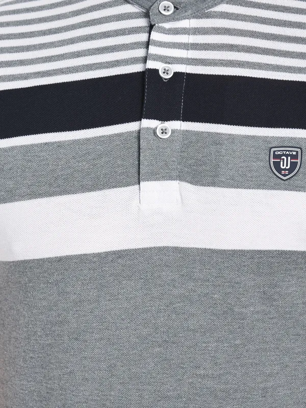 Octave Men Grey Striped Polo Collar Applique T-shirt