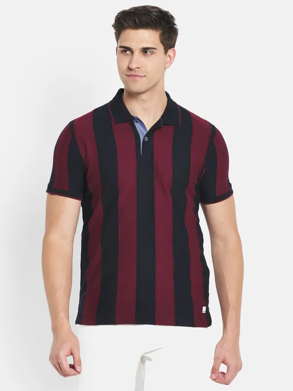 Octave Men Maroon Striped Polo Collar T-shirt