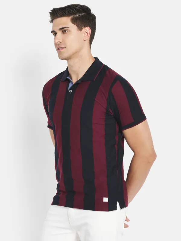 Octave Men Maroon Striped Polo Collar T-shirt