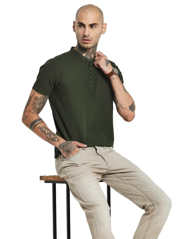 Octave Mandarin Collar Pocket Detail Short Sleeves Cotton Shirt