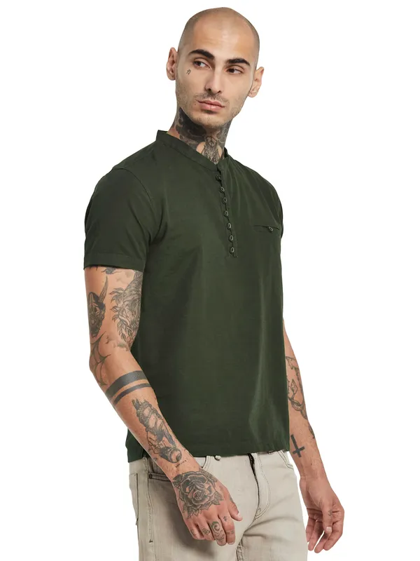 Octave Mandarin Collar Pocket Detail Short Sleeves Cotton Shirt