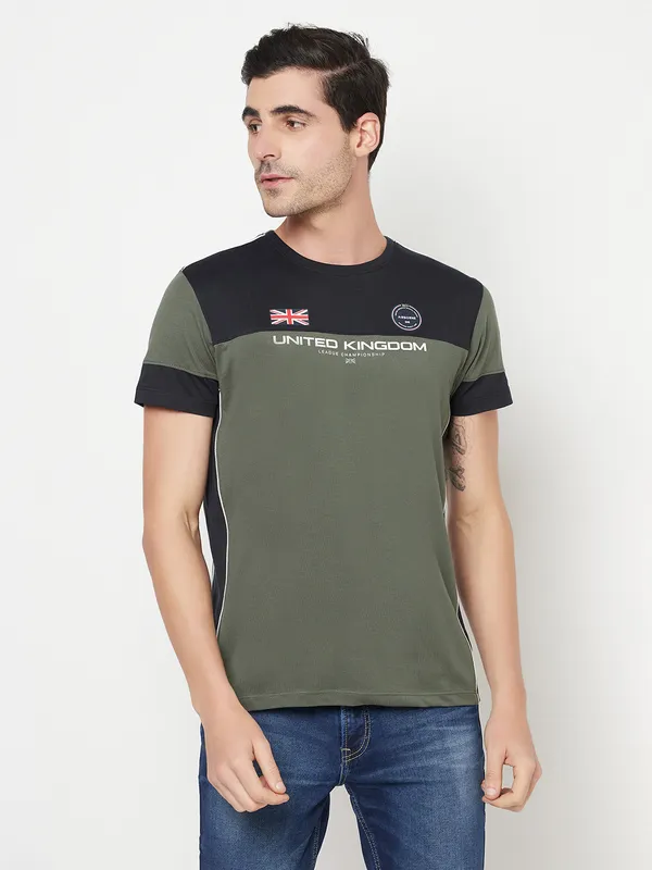 Octave Men Olive Green  Black Colourblocked Cotton T-shirt