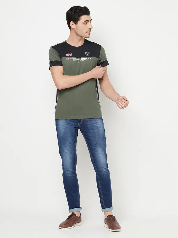 Octave Men Olive Green  Black Colourblocked Cotton T-shirt