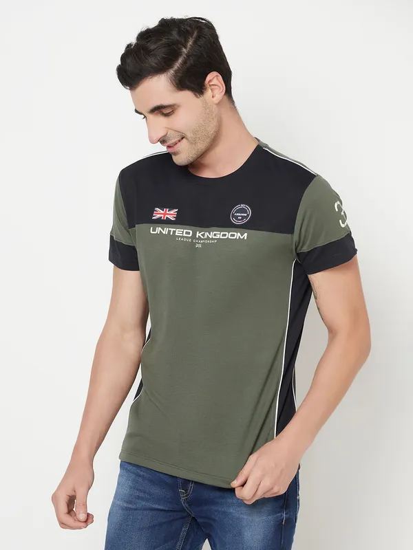 Octave Men Olive Green  Black Colourblocked Cotton T-shirt