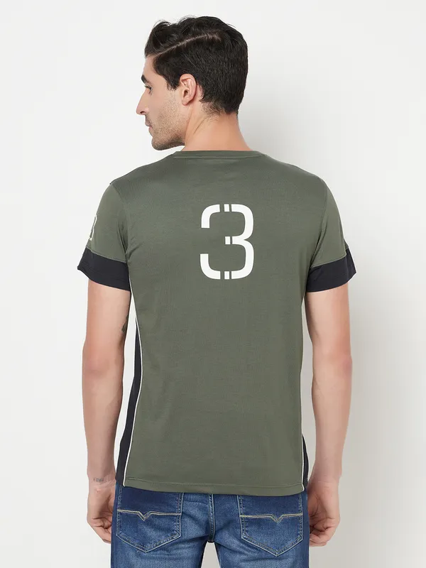 Octave Men Olive Green  Black Colourblocked Cotton T-shirt