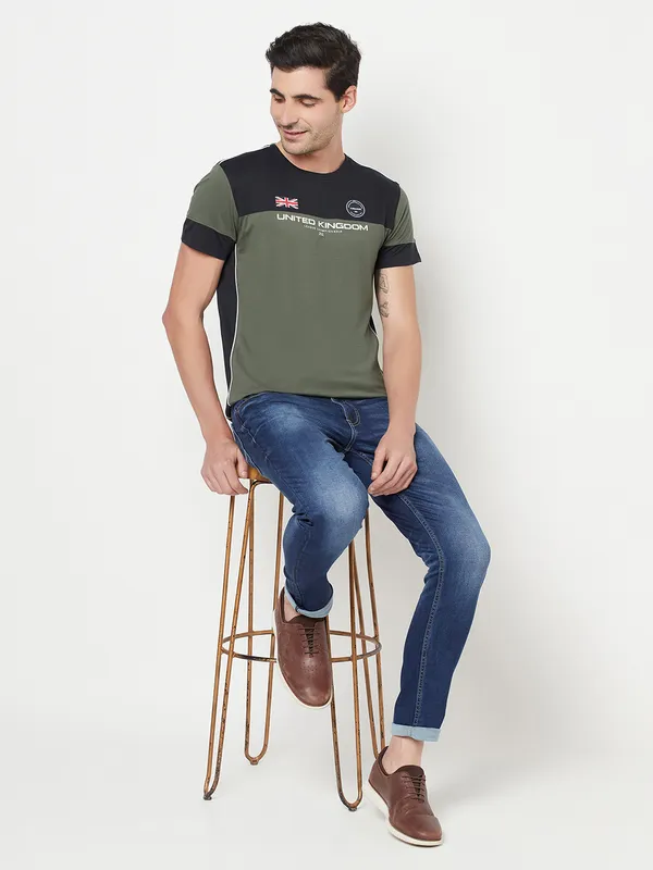 Octave Men Olive Green  Black Colourblocked Cotton T-shirt