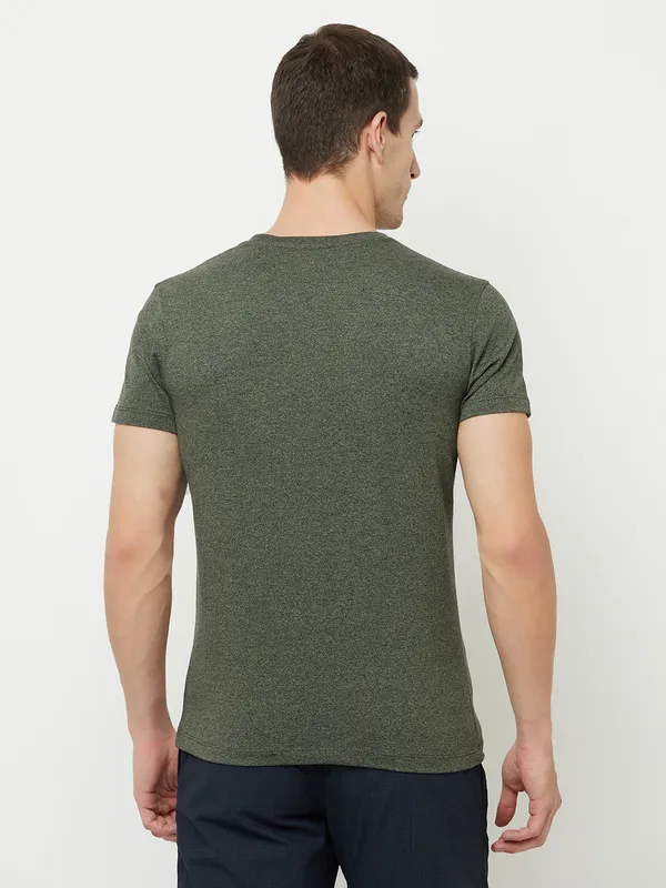Octave Men Olive Green Typography Printed Raw Edge T-shirt