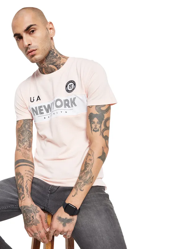 Octave Men Pink Typography Applique T-shirt