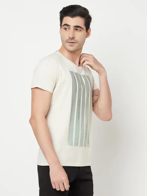 Octave Men Cream-Coloured  Green Graphic Printed T-shirt