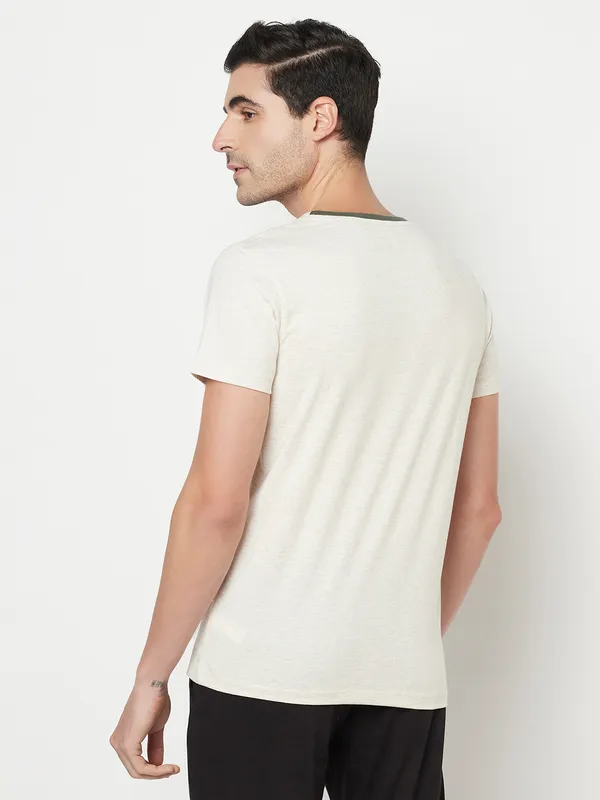 Octave Men Cream-Coloured  Green Graphic Printed T-shirt