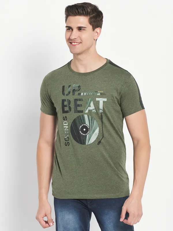 Octave Men Olive Green Typography Printed Applique T-shirt