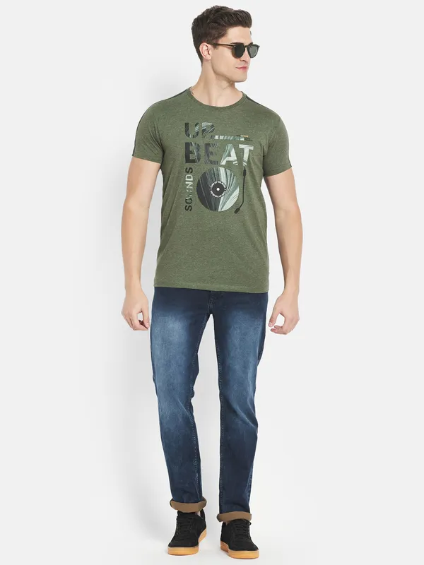 Octave Men Olive Green Typography Printed Applique T-shirt