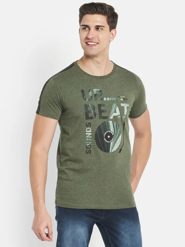 Octave Men Olive Green Typography Printed Applique T-shirt