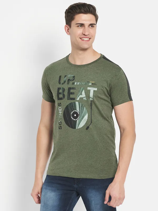 Octave Men Olive Green Typography Printed Applique T-shirt