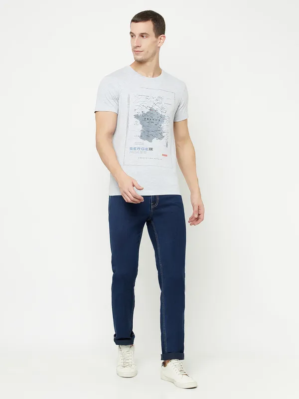 Octave Men Grey Printed Raw Edge T-shirt