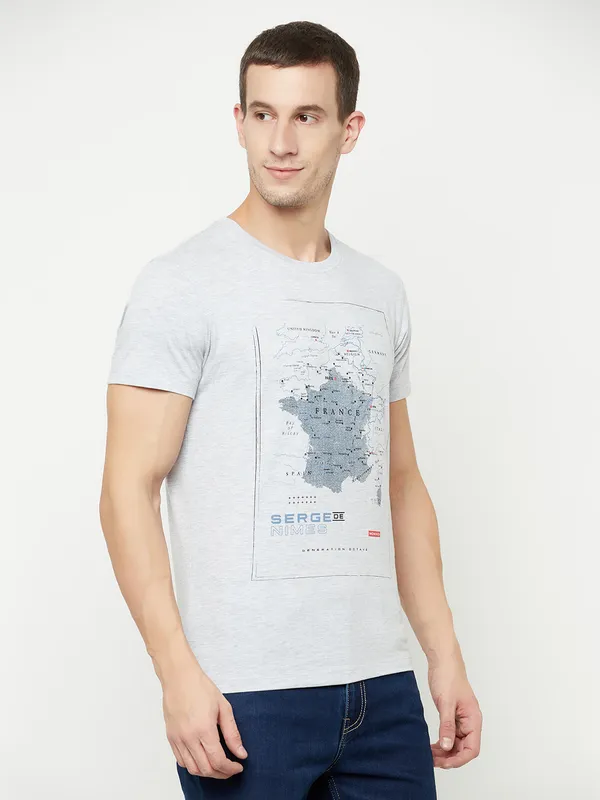 Octave Men Grey Printed Raw Edge T-shirt