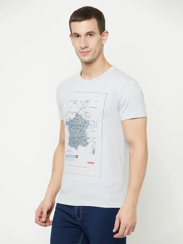 Octave Men Grey Printed Raw Edge T-shirt