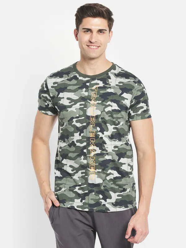 Octave Men Olive Green Printed Raw Edge T-shirt