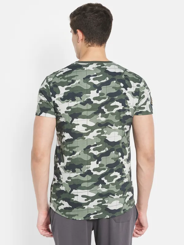 Octave Men Olive Green Printed Raw Edge T-shirt