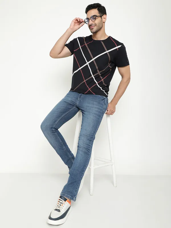 Octave Round Neck Checked Cotton T-shirt