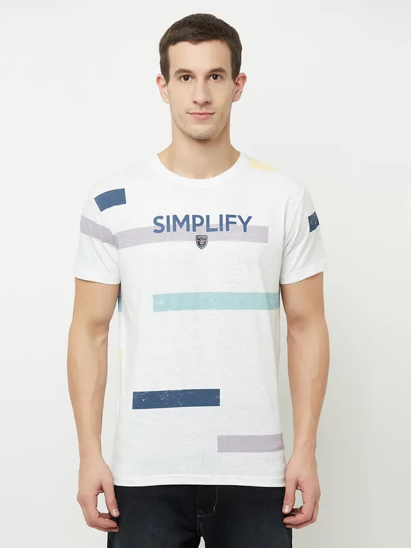 Octave Men White Typography Striped Applique T-shirt