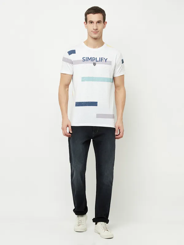 Octave Men White Typography Striped Applique T-shirt