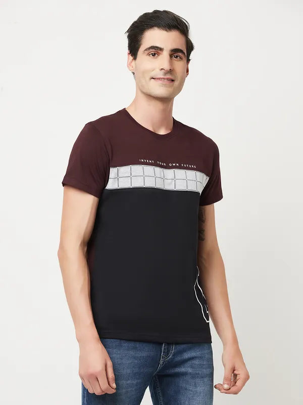 Octave Men Burgundy  Black Printed Cotton T-shirt